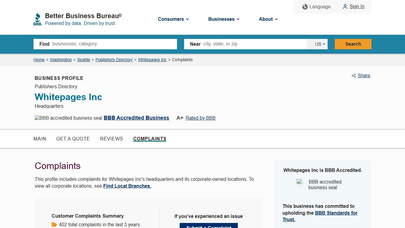 Whitepages Inc | BBB Complaints | Better Business Bureau